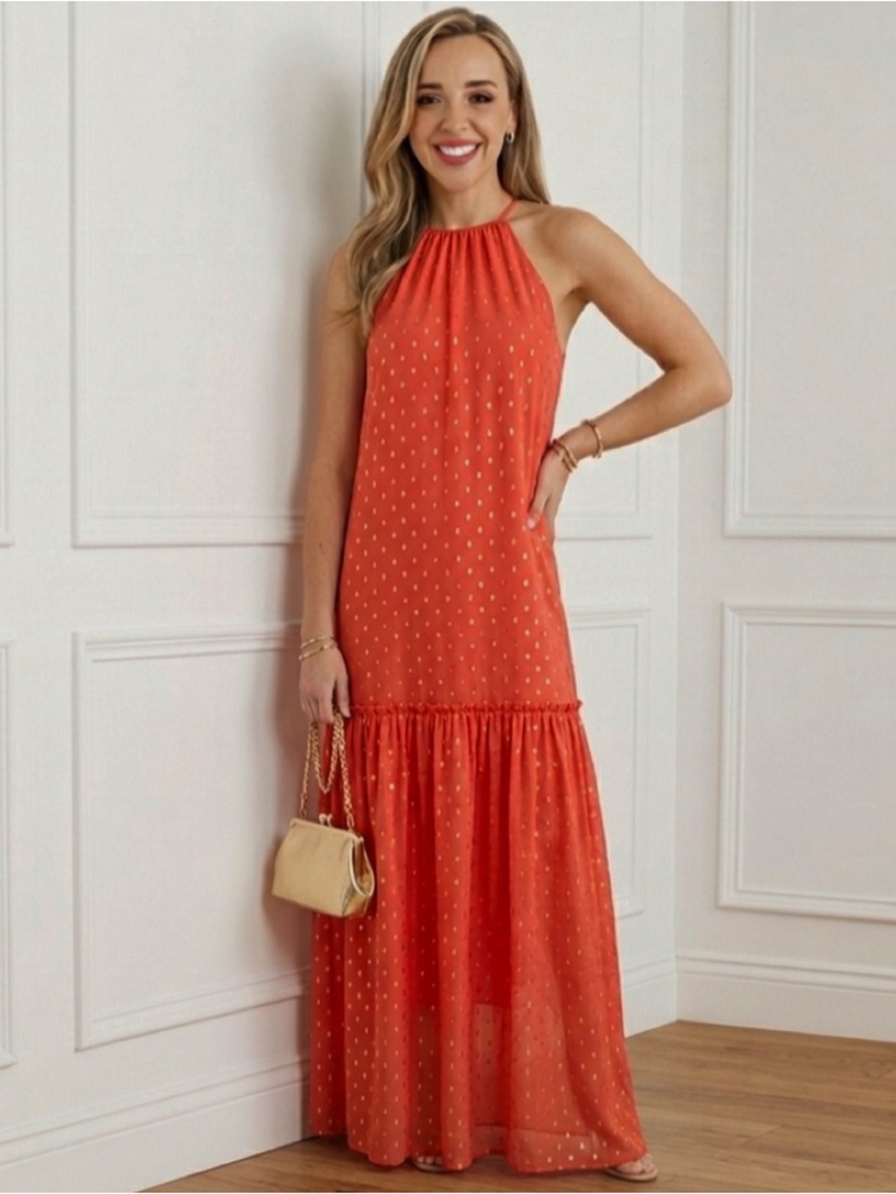 Trina Turk Coverdale Halter Maxi Dress - Vibrant Orange & Gold Foil - Size XS